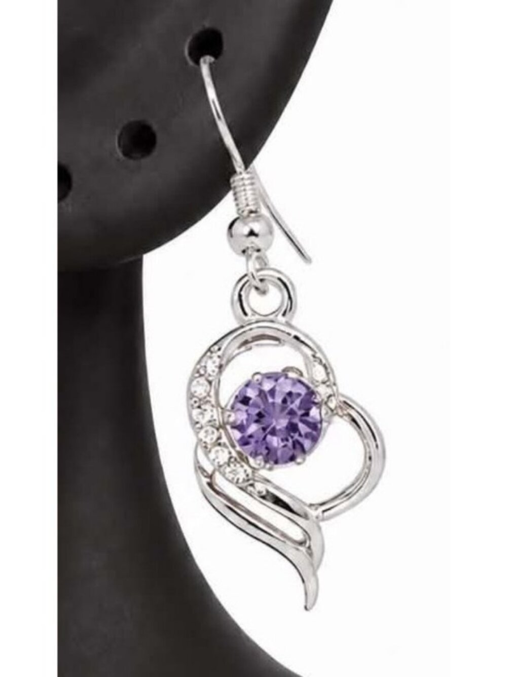 Purple Crystal Silver Tone Swirl Dangle Earrings